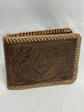 VINTAGE hand-tooled leather wallet featuring Masonic Square & Compasses emblem